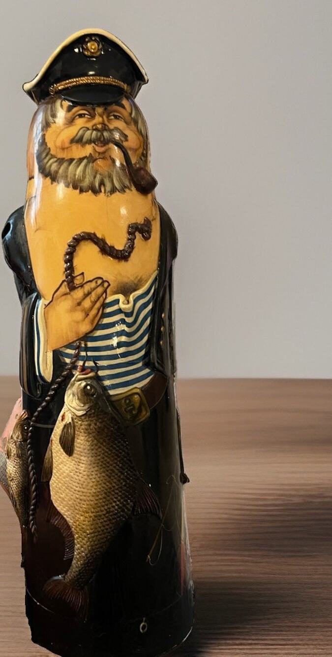VTG Russian Hand Carved Painted Captain Matryoshka Fisherman Doll Bottle Holder
